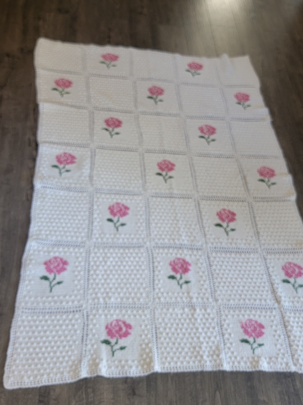 White Crochet Blanket with Pink Rose Motifs